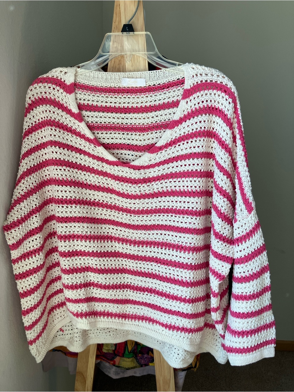 Sarta Pink & Cream Striped Scoop-Neck Open Knit Sweater Made in Italy Cotton